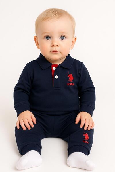 U.S. Polo Assn. Baby Boy Navy Blue Pique Woven Polo Collar Top and Bottom Set, 100% Cotton