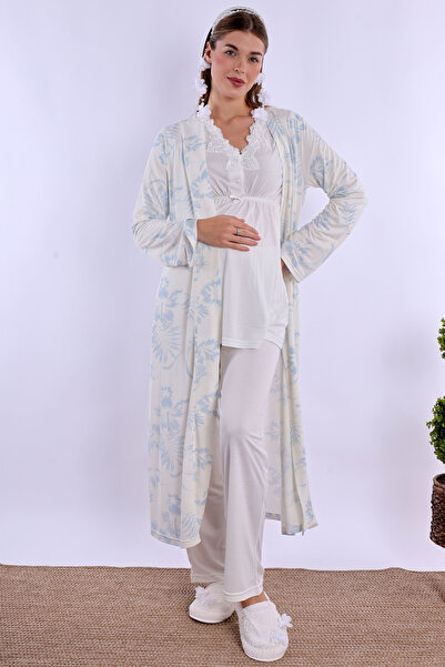ByLohusa Effortt Blue/Ecru Maternity Pajama Set with Dressing Gown