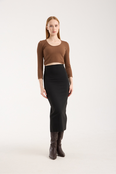 DeChival ETEK - PENSLİ BELDEN OTURTMALI VE ARKA YIRTMAÇLI ETEK - İNTERLOK ÖRGÜ UZUN ETEK