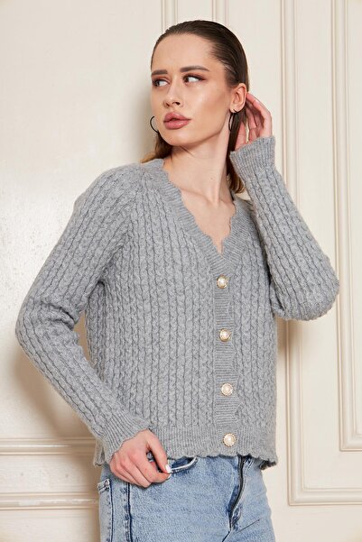 Irmak Kerekli Women's V-Neck Pearl Button Soft Textured Hair Knitwear Cardigan 70917