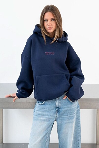 The Champ Clothing Γυναικείο φούτερ oversized με κουκούλα CHMP STUDIOS Navy Blue – με κουκούλα , 3 Thread Fleece, με τσέπη καγκουρό
