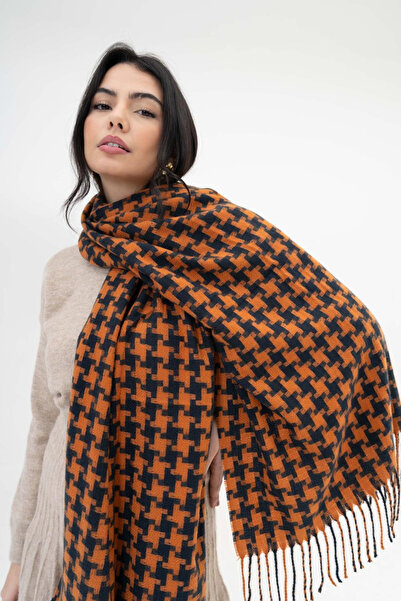 HERCHES Houndstooth Patterned Wool Winter Scarf - Orange