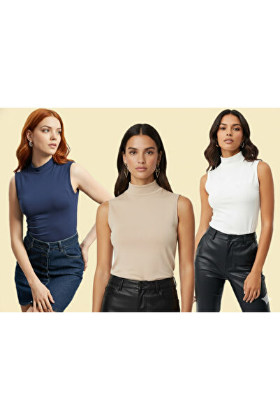 TRİYA FASHİON Zero Sleeve 3-Piece Women's Turtleneck Badi (Beige-Navy Blue-White)