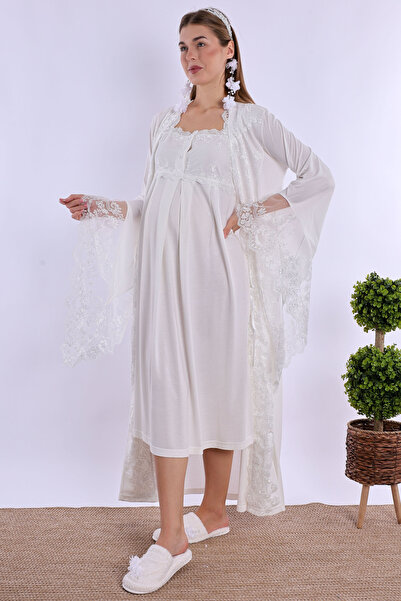 ByLohusa Effortt Ecru Maternity Nightgown Set with Dressing Gown