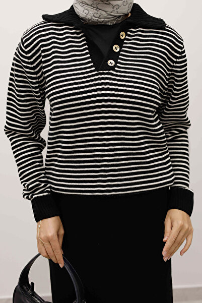 Tesettür Dünyası Striped Knitwear Sweater Tsd250241 Black