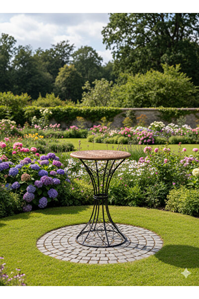 DNC Art&Deco Otantik El Oyması Ahşap Yuvarlak Bar Masası - Ferforje Ayaklı Bi...