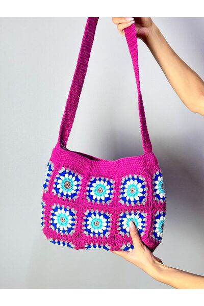 Gönülden Tasarım Hand Knitted Pink Flower Women's Bag 34X25 cm