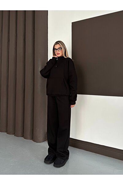 legends butik Women's Oversized Kangaroo Pocket Fleece Half Zipper Pants Set