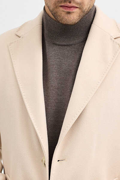 Frappoli Grande Men's Beige Jacket Collar Slim Fit Cashmere Coat