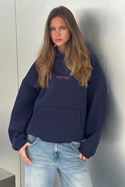 The Champ Clothing Жіночий оверсайз-светр з капюшоном CHMP STUDIOS Синій – з капюшоном, 3-нитковий фліс, кишені-кенгуру