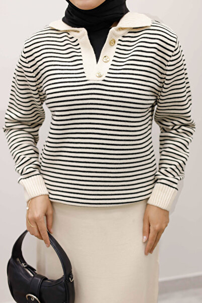 Tesettür Dünyası Striped Knitwear Sweater Tsd250241 Beige