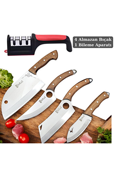 SürLaz 4'lü Almazan Şef Bıçak Seti + Bileme Aparatı | Premium Kamp Outdoor Ka...