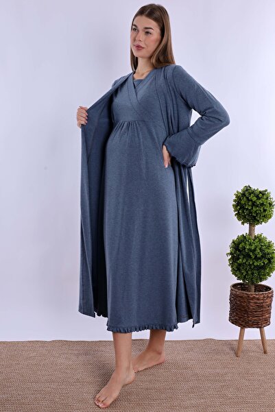 ByLohusa Effortt İndigo Sabahlıklı Hamile Lohusa Gecelik Takım