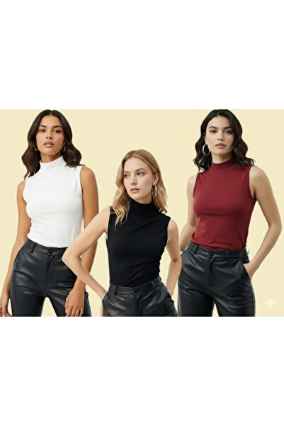 TRİYA FASHİON Zero Sleeve 3-Piece Women's Turtleneck Badi (Black-Claret Red-White)