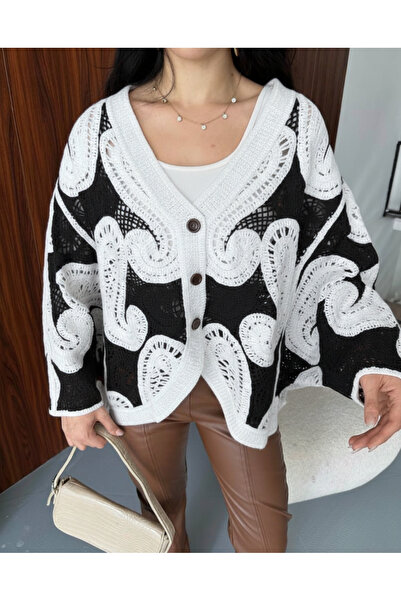 Günlük Moda Tığ İşi Desenli İki Renkli Siyah Krem Örme Hırka - Oversize Süzene Hırka