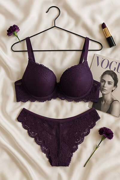 hepimiz alalım Mor Dantel Detaylı Push Up Sütyen Takımı