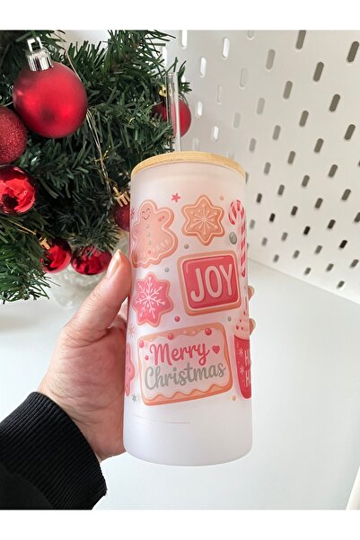 By Selen Suyolcu Christmas Themed Printed Frosted Glass Cup with Bamboo Lid and Straw