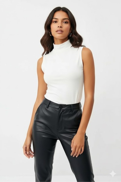 TRİYA FASHİON Zero Sleeve 3-Piece Women's Turtleneck Badi (White-Navy Blue-Light Brown)