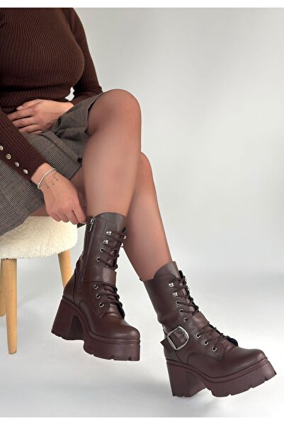 Erbilden Linma Kahverengi Cilt Bağcıklı Topuklu Bot