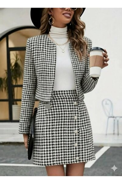 buğrahayalin Women's Long Sleeve Open Front Woven Jacket and Mini Skirt Two-Piece Set