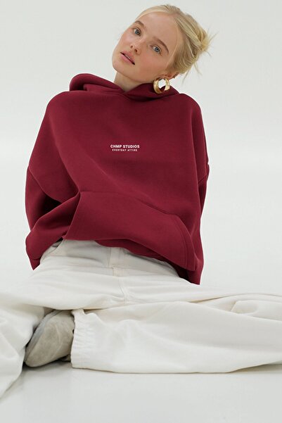 The Champ Clothing Γυναικείο φούτερ oversized με κουκούλα CHMP Summer με τύπωμα Claret Red – με κουκούλα , 3 Thread Fleece, Τσέπη καγκουρό