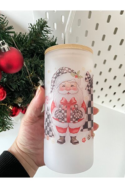 By Selen Suyolcu Christmas Themed Printed Frosted Glass Cup with Bamboo Lid and Straw