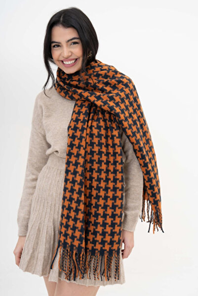 HERCHES Houndstooth Patterned Wool Winter Scarf - Orange