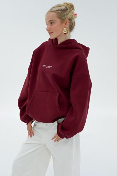 The Champ Clothing Γυναικείο φούτερ oversized με κουκούλα CHMP Summer με τύπωμα Claret Red – με κουκούλα , 3 Thread Fleece, Τσέπη καγκουρό