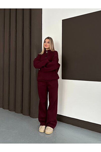 legends butik Women's Oversized Kangaroo Pocket Fleece Half Zipper Pants Set