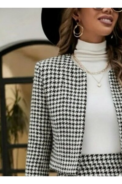 buğrahayalin Women's Long Sleeve Open Front Woven Jacket and Mini Skirt Two-Piece Set