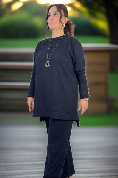 yagmurberen Baklava Patterned Polka Dots Stone Detail Tunic with Elastic Waist Pants Plus Size Merceerized Set