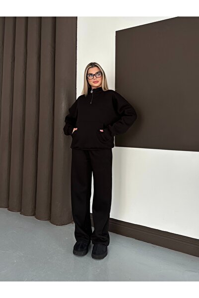 legends butik Women's Oversized Kangaroo Pocket Fleece Half Zipper Pants Set