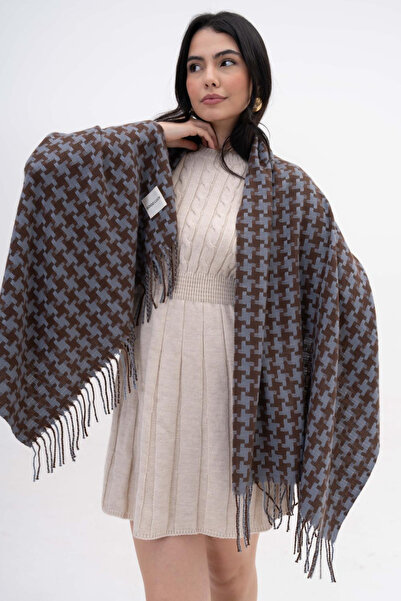 HERCHES Houndstooth Patterned Wool Winter Scarf - Blue