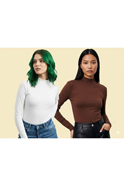 TRİYA FASHİON Long Sleeve 2-Piece Women's Turtleneck Badi (White-Light Brown)