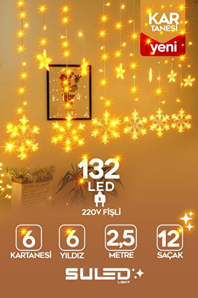 SULED Kar Tanesi 2,5 Metre 132 Led 12 Sarkıt Oda Parti Kutlama Dekor Süsleme Ledi 220v Sarı Led Işık