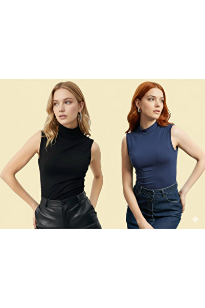 TRİYA FASHİON Zero Sleeve 2-Piece Women's Turtleneck Badi (Black-Navy Blue)