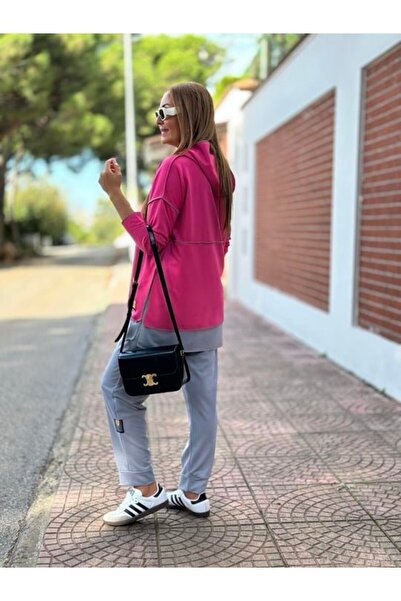 Kokosh moda Women's Black Hooded Double Suit with Hem Detail and Reverse Stitching