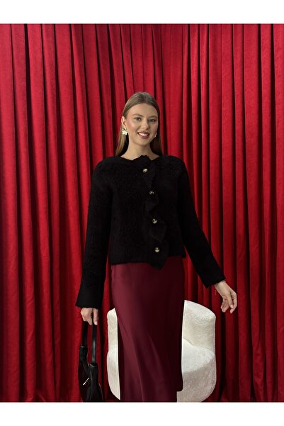 Neva Wear Asymmetrical Cut Pat Detailed Embroidered Knit Cardigan