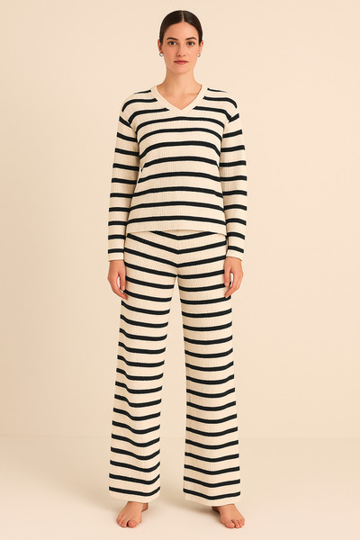 DUBU BUTİK Дамски комплект с раирана корсетна блуза с V-образно деколте и дол...