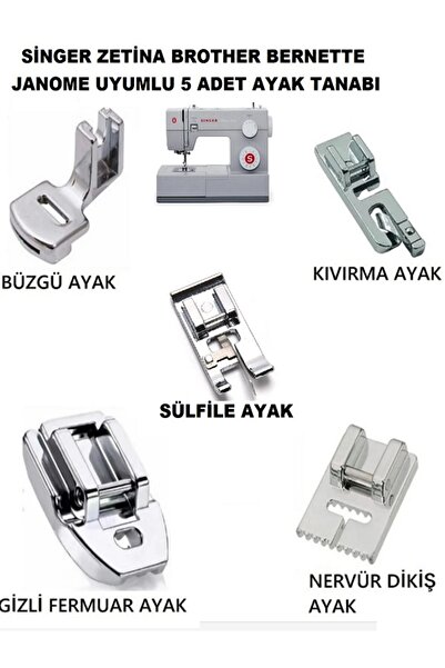 Swart Singer Zetina Janome Brother Bernette 5'li set (kıvırma,büzgü,nervür , sürfile,gizli Fermuar Ayak)