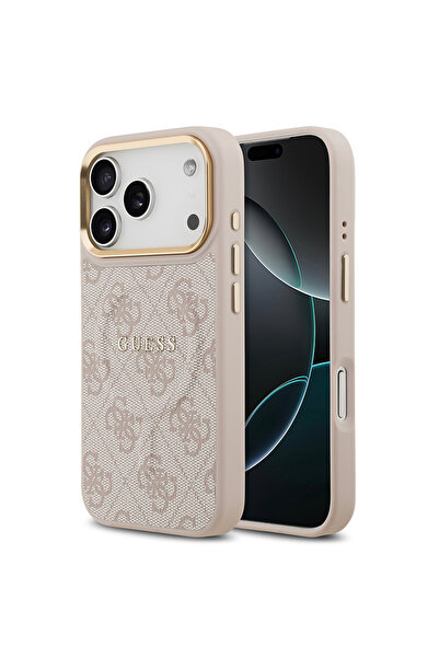 Guess iPhone 17 Pro Uyumlu Kılıf Lisanslı M-safe Şarjlı Gold Kamera Çerçeve P...