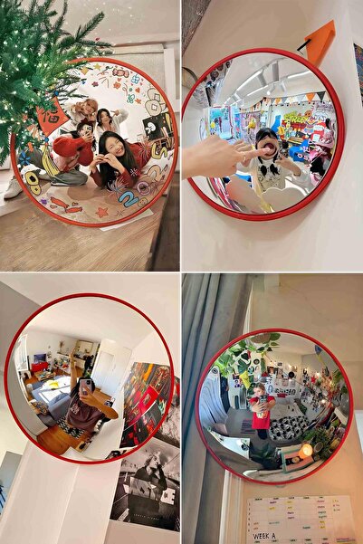 Buka Shops Kırmızı 30cm Retro Oda Dekoru Balık Gözü Ayna - 160 Derece Geniş Açılı Dekoratif Güvenlik ve Trafik