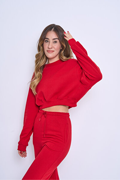 EMBA KORSE Γυναικείο σετ αθλητικής φόρμας Cotton Inside Ş επένδυση fleece Crew Neck Crop 3 Thread