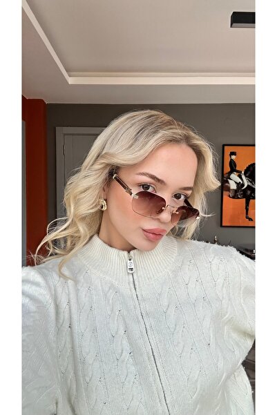 Angel Eyes Rectangle Brown Gradient Glass Frameless Sunglasses Uv400 Protection