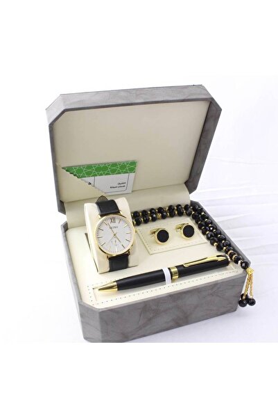 GLAMORA طقم رجالي ساعة جلد ضد الماء مع كبك وقلم ومسبحة وعلبة فخمة