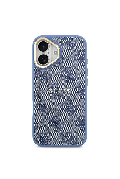 Guess iPhone 17 Uyumlu Kılıf Lisanslı M-safe Şarjlı Gold Kamera Çerçeveli PU Deri Yazı Logolu Mavi