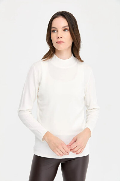 Desen Triko Women's Stretch Fabric Long Sleeve Basic Half Fisherman Blouse 0240016 Ecru