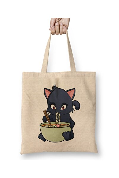 Toyaso Kawaii Cat Ramen Anime Kitty pisică Geantă de pânză albă cu mâner lung...