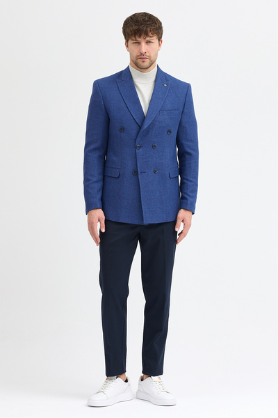Frappoli Pompillo Мъжко отворено тъмносиньо сако с двойно закопчаване, заострена яка, тясна кройка и шарки