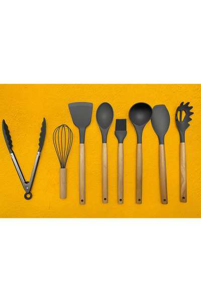 ceviz home züccaciye tekstil ltd şirketi 9-Piece Bamboo Handle Gray Silicone Spoon Set – Heat Resistant, Stylish and Durable Kitchen Set